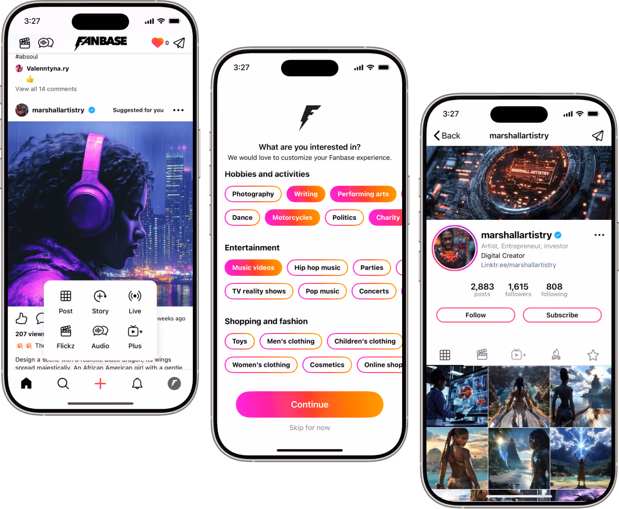 Fanbase app screens showing the creator content feed.