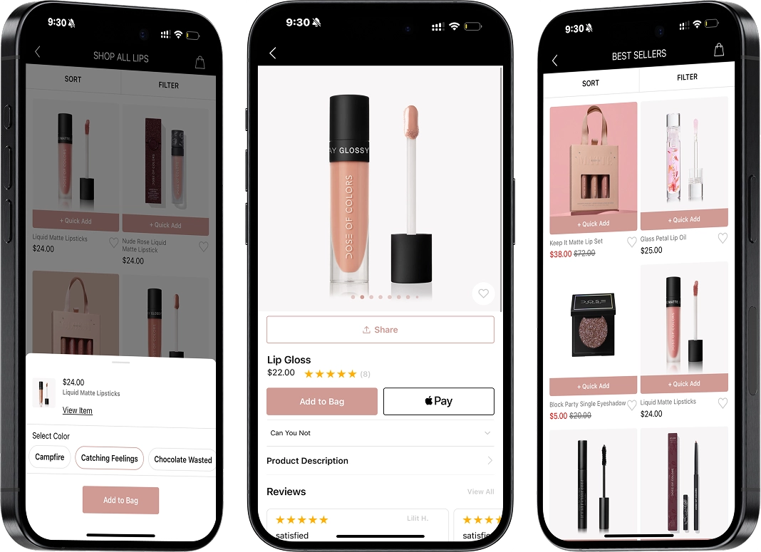 Dose of Colors beauty shopping app screens.