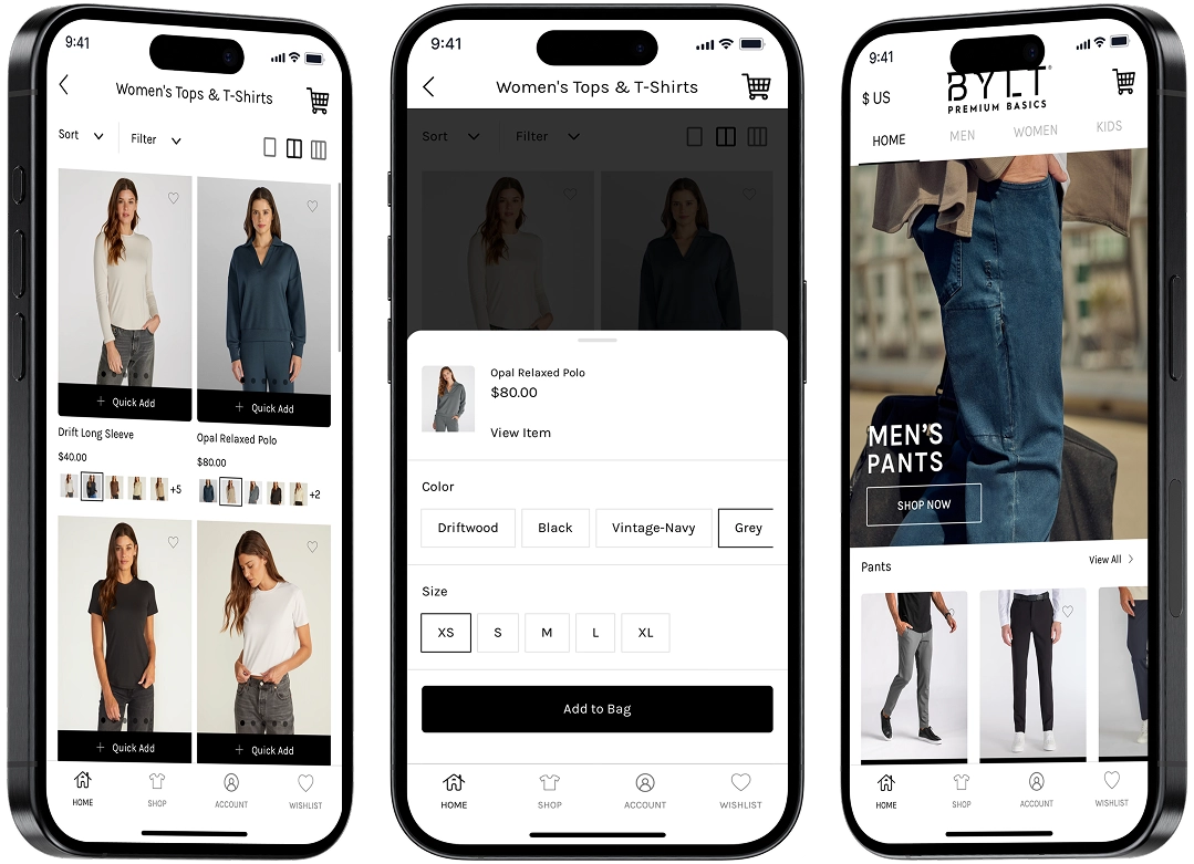 BYLT Basics shopping app screens.