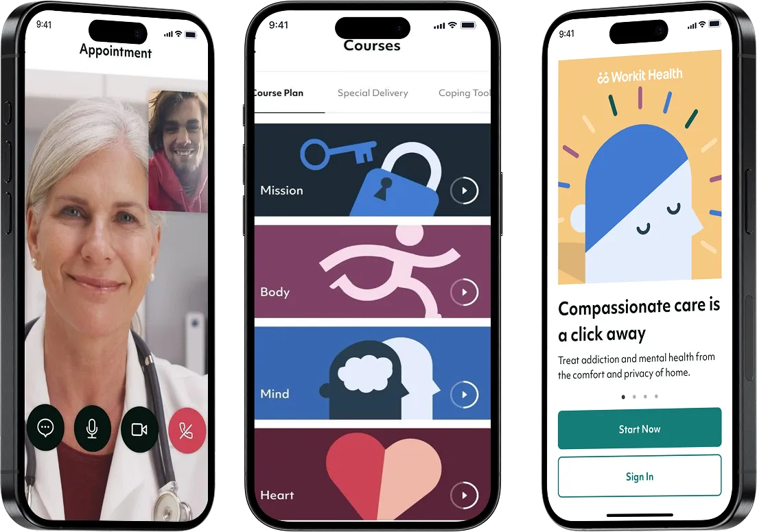 Workit Health telemedicine app screens.