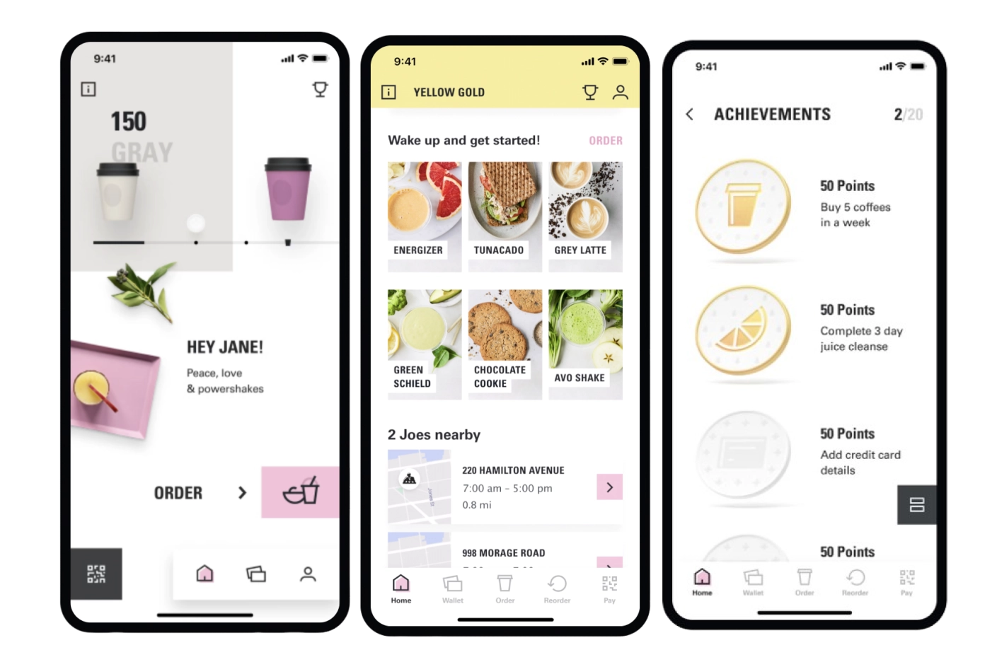 Joe & The Juice app ordering screens.