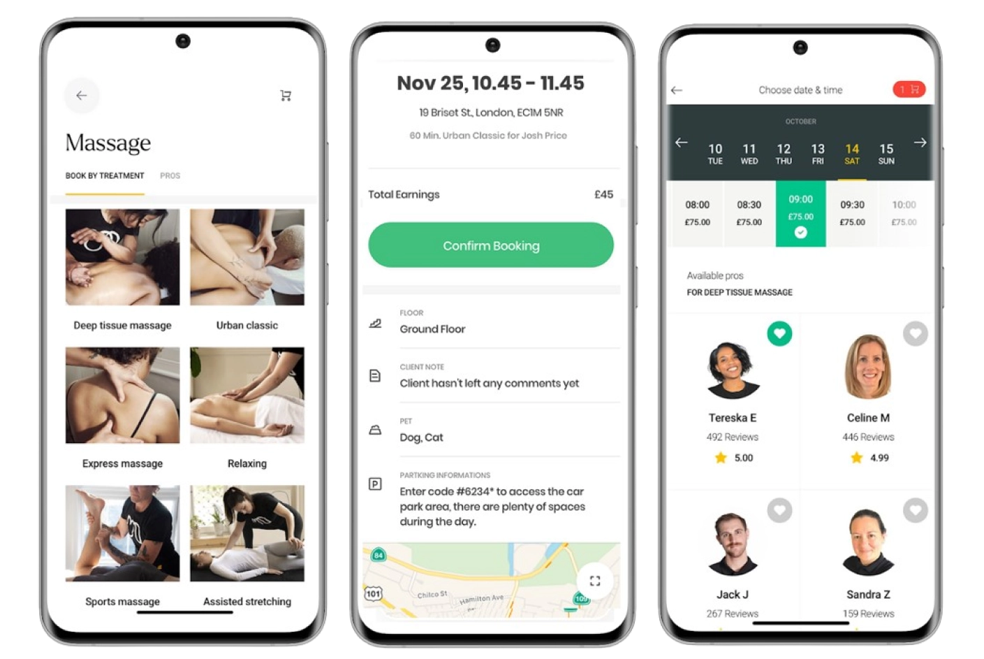 Urban Massage app booking flow.