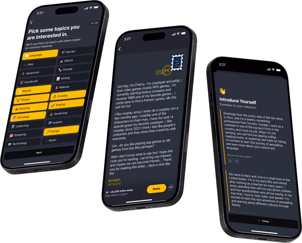 Slowly app showing pen-pal letter exchange screens.