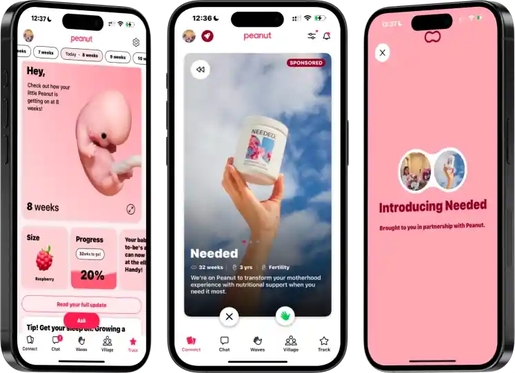 Three smartphones displaying the Peanut app showing pregnancy week 8, supplement ad, and Needed introduction screen.